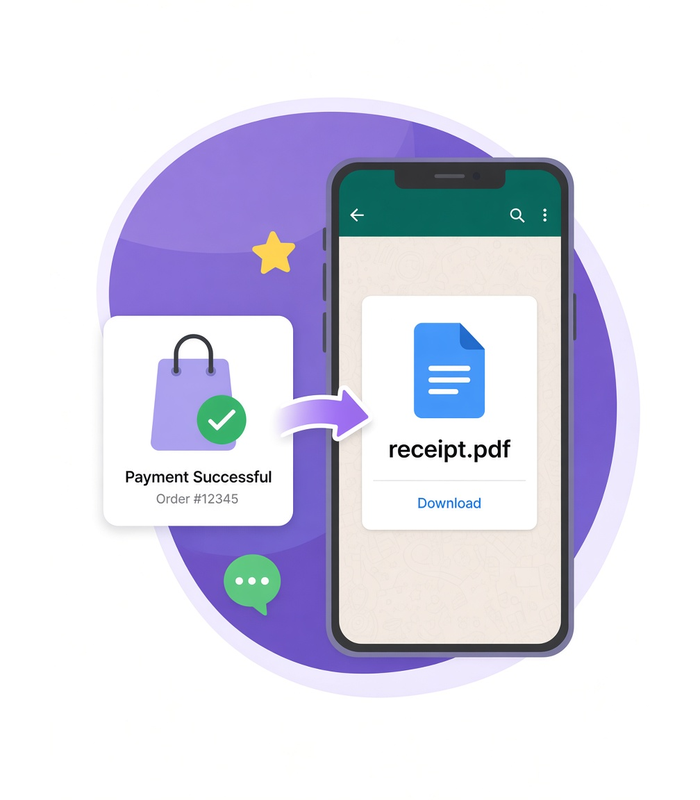 A paid checkout beside a phone whose WhatsApp chat shows the receipt file the payer received.