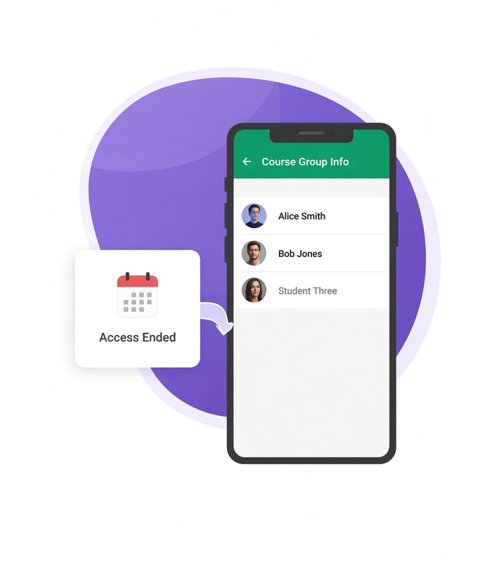 A phone showing a WhatsApp course group member list at the moment a student's access has ended.