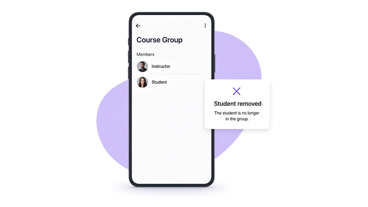 A phone showing WhatsApp group info where the former student is no longer in the member list.