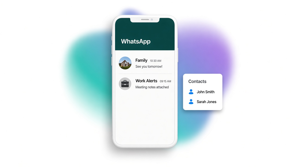 A phone showing a WhatsApp chat list with no new thread for a number left off the mailing, beside a CRM contact list that does not include that number.
