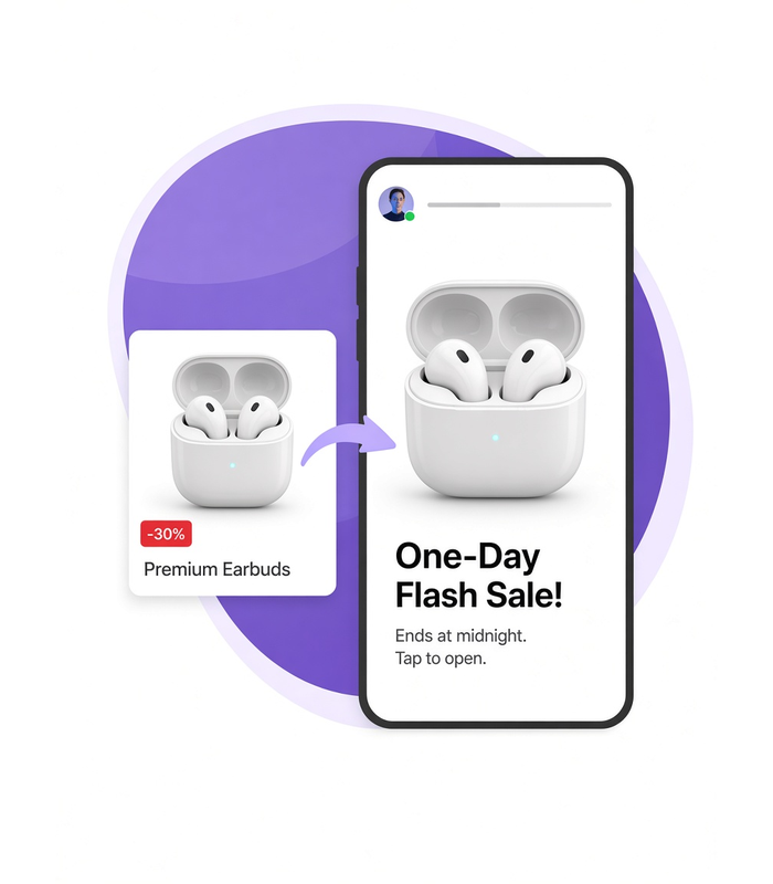 A shop phone showing a WhatsApp Status with a product image for a one-day discount that ends at midnight.