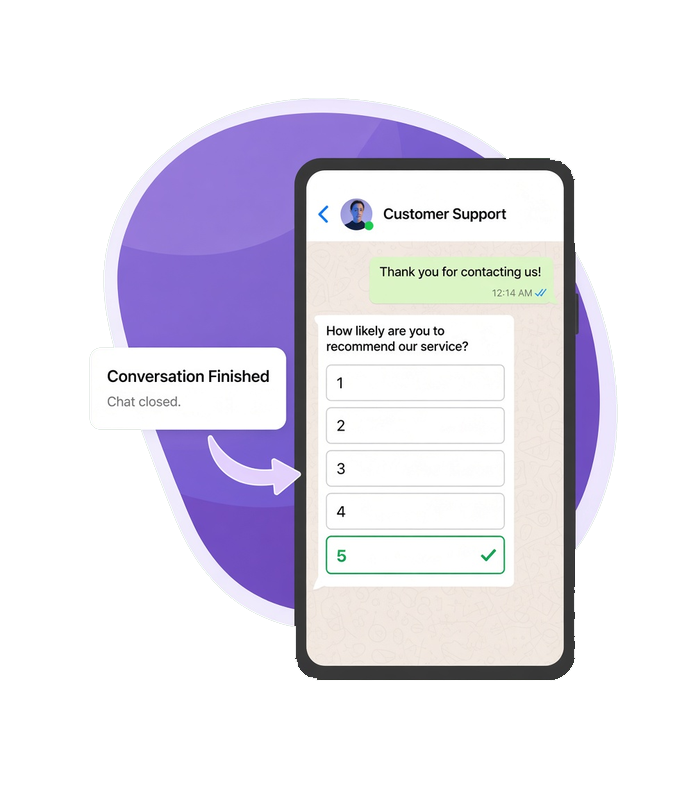 A finished conversation beside a phone whose WhatsApp chat shows an NPS poll the person can answer.