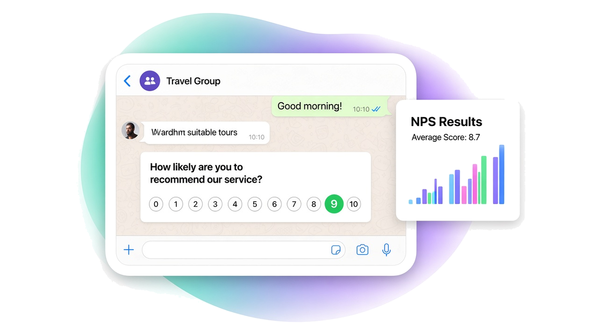 WhatsApp chat on a phone showing an NPS poll the person can answer with one score.