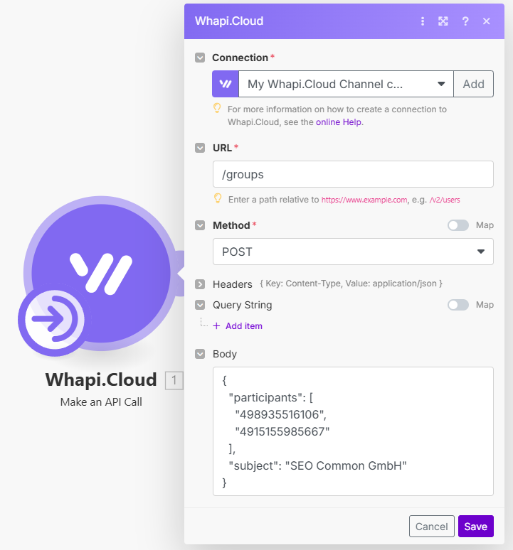 Example of a custom request to create group via Make