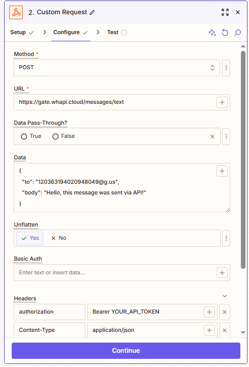 Example of a custom request to send a message to a group via Zapier