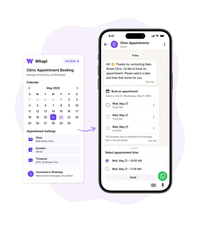 Panou de dezvoltator lângă un telefon cu chat de programare WhatsApp și o listă interactivă deschisă cu intervale orare.