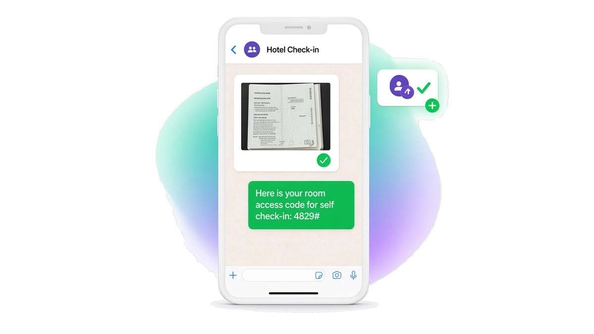 Chat de WhatsApp en un teléfono con el documento de pasaporte del huésped encima de una respuesta que contiene el código de acceso a la puerta del hotel.
