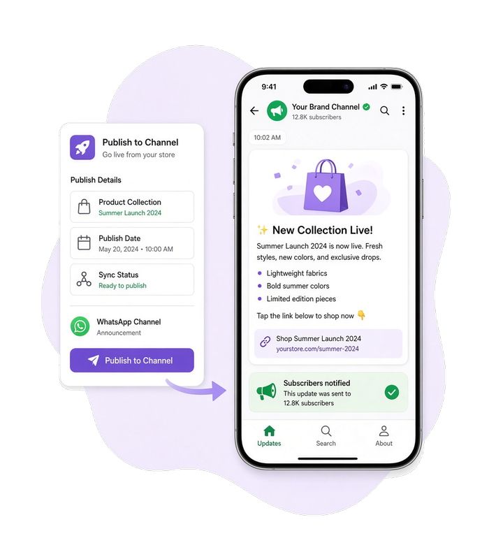 Экран публикации CMS или магазина рядом с телефоном, на канале WhatsApp которого виден новый анонс с уведомлением для подписчиков.