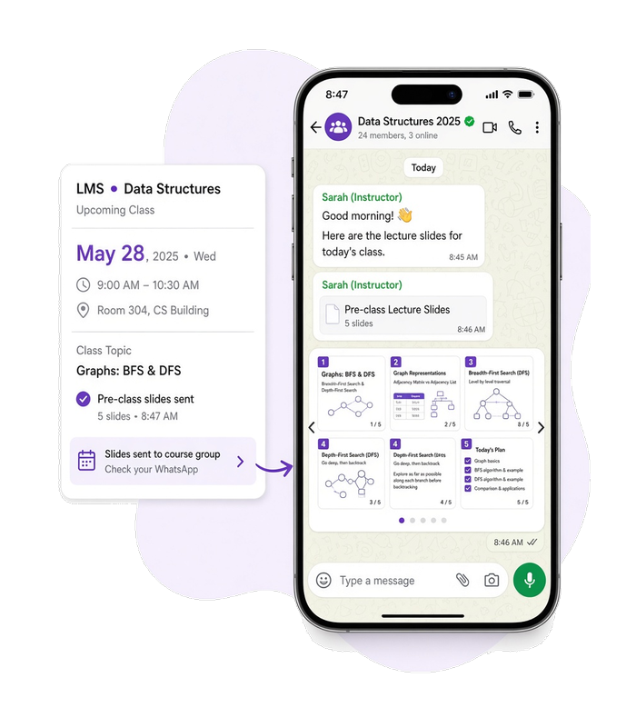 Calendario LMS junto a un movil cuyo chat de grupo del curso en WhatsApp muestra un carrusel deslizable de diapositivas antes de la clase.