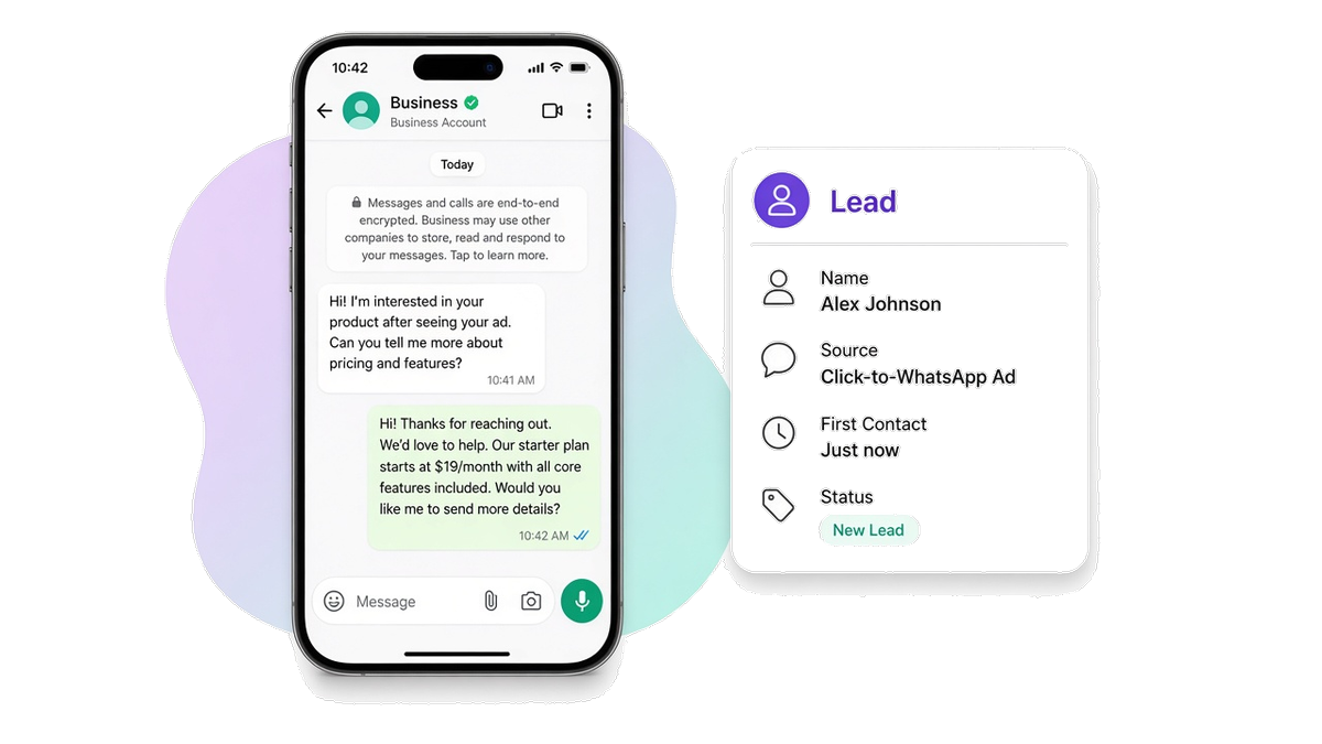 Pantalla de un teléfono con un chat de WhatsApp donde el interesado acaba de recibir la primera respuesta tras pulsar un anuncio Click-to-WhatsApp, con una ficha de CRM marcada Lead.