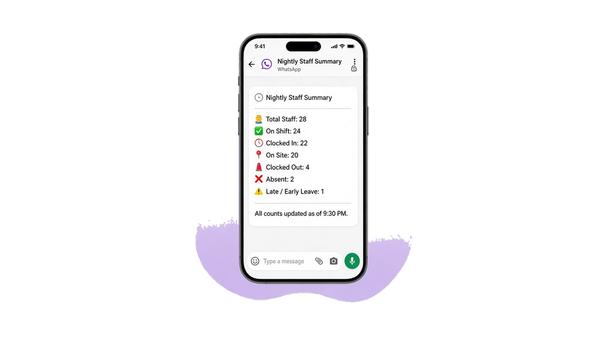 Chat de WhatsApp en un teléfono con un breve resumen nocturno para el personal tras la jornada escolar.
