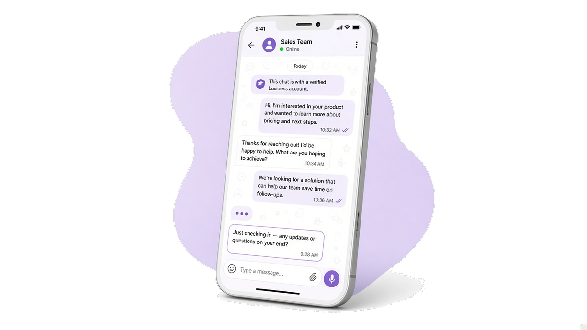 A phone screen showing a WhatsApp chat where the lead has just received a short follow-up message after going quiet.