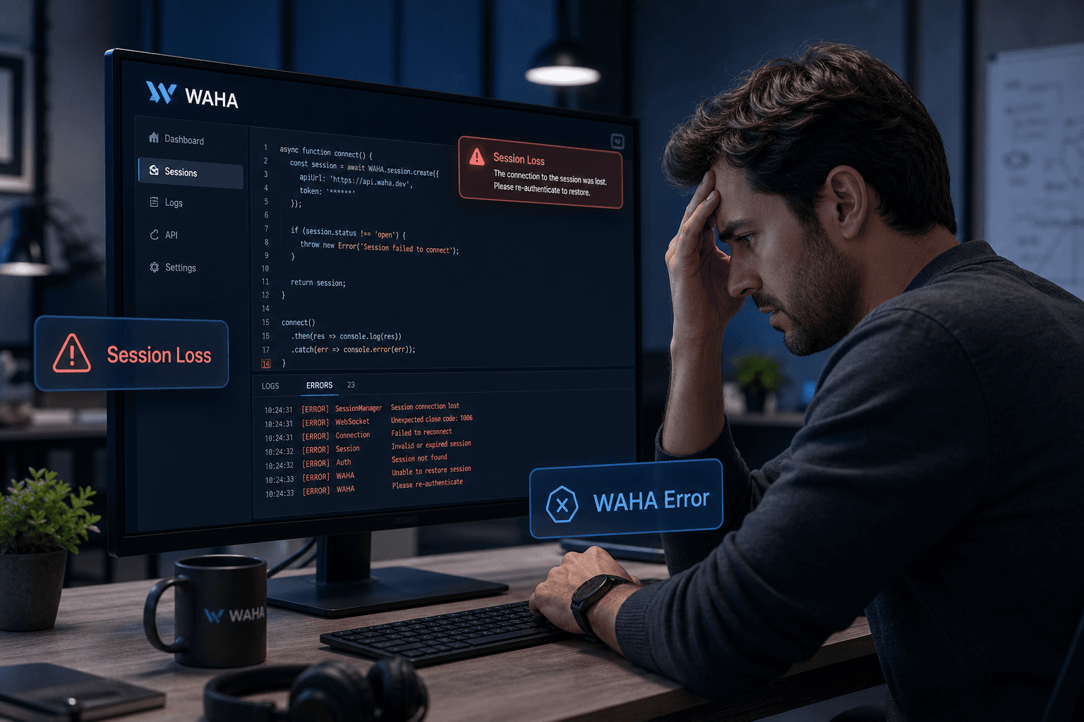 Developer frustrated by server logs showing session loss in self-hosted WhatsApp API