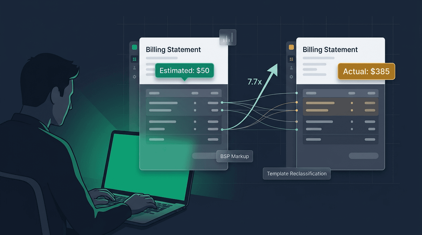 WhatsApp Business API pricing breakdown showing BSP markup layers and hidden costs for developers in 2026