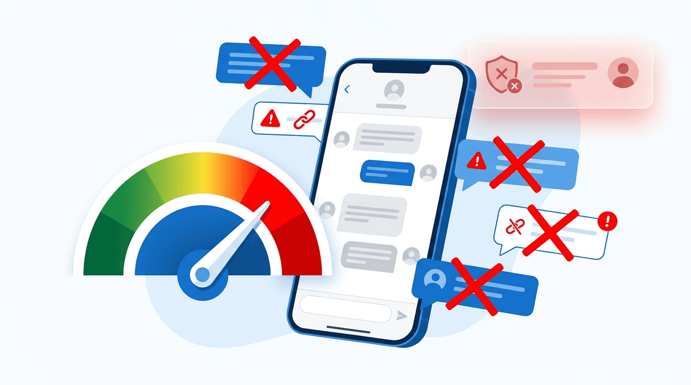 WhatsApp quality rating declining from green to red with blocked broadcast messages and account warning