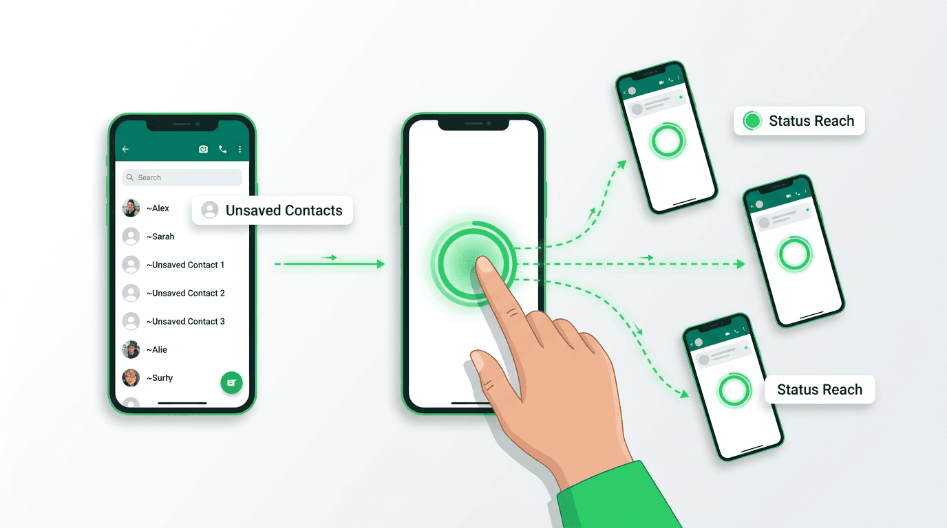 WhatsApp status updates visible to unsaved contacts -- phone screens with status bubbles and tilde markers