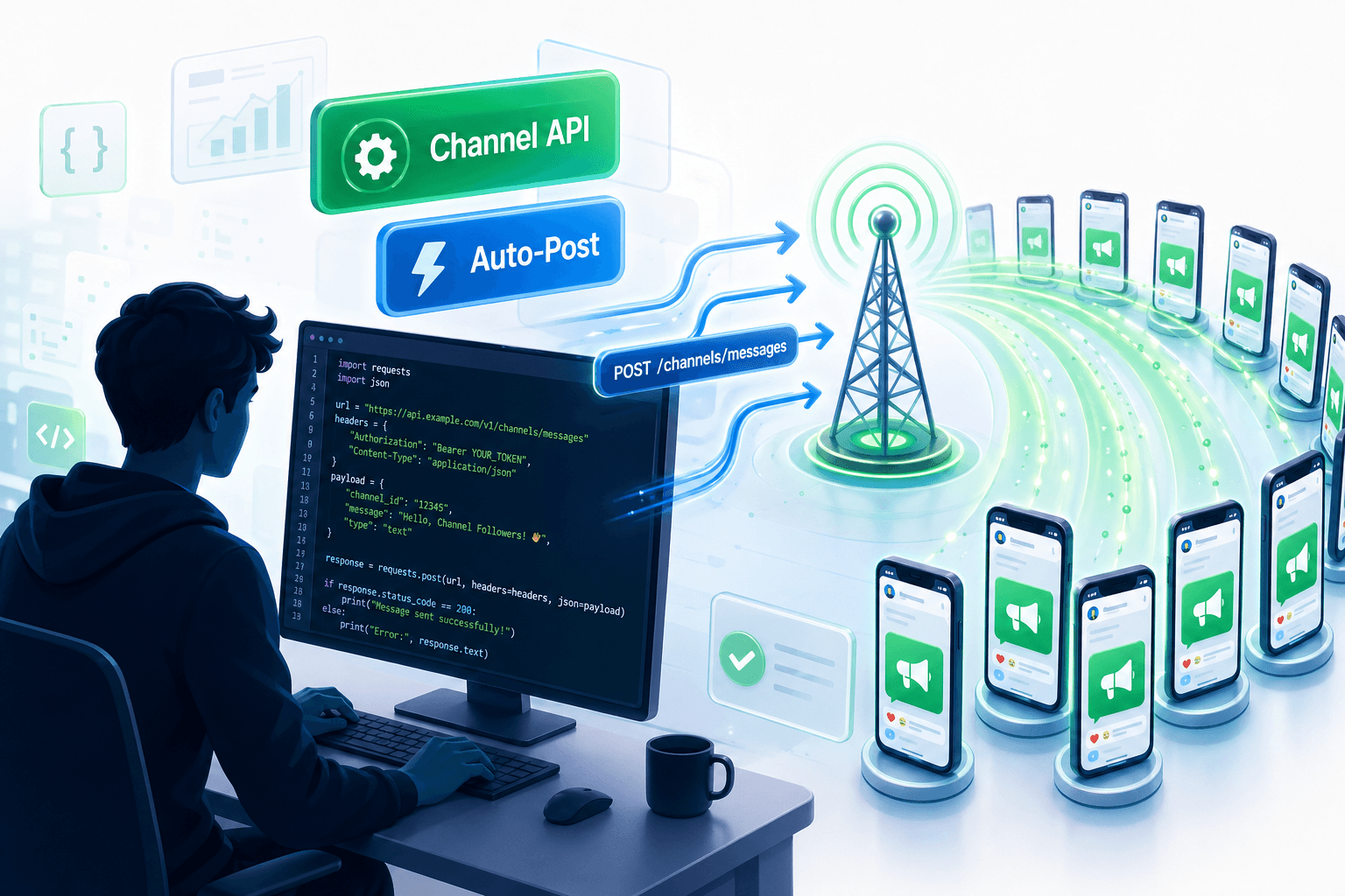 WhatsApp Channel API automation guide showing Python code sending all 7 message types to a WhatsApp Channel