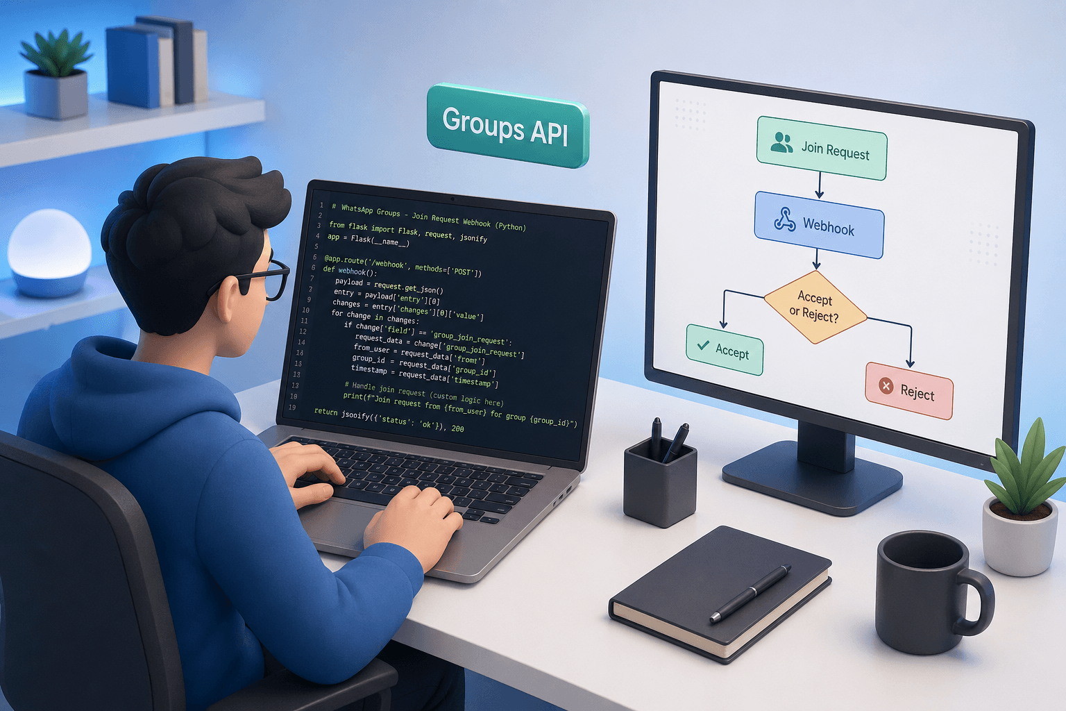 WhatsApp group join request moderation automation with Python and webhook
