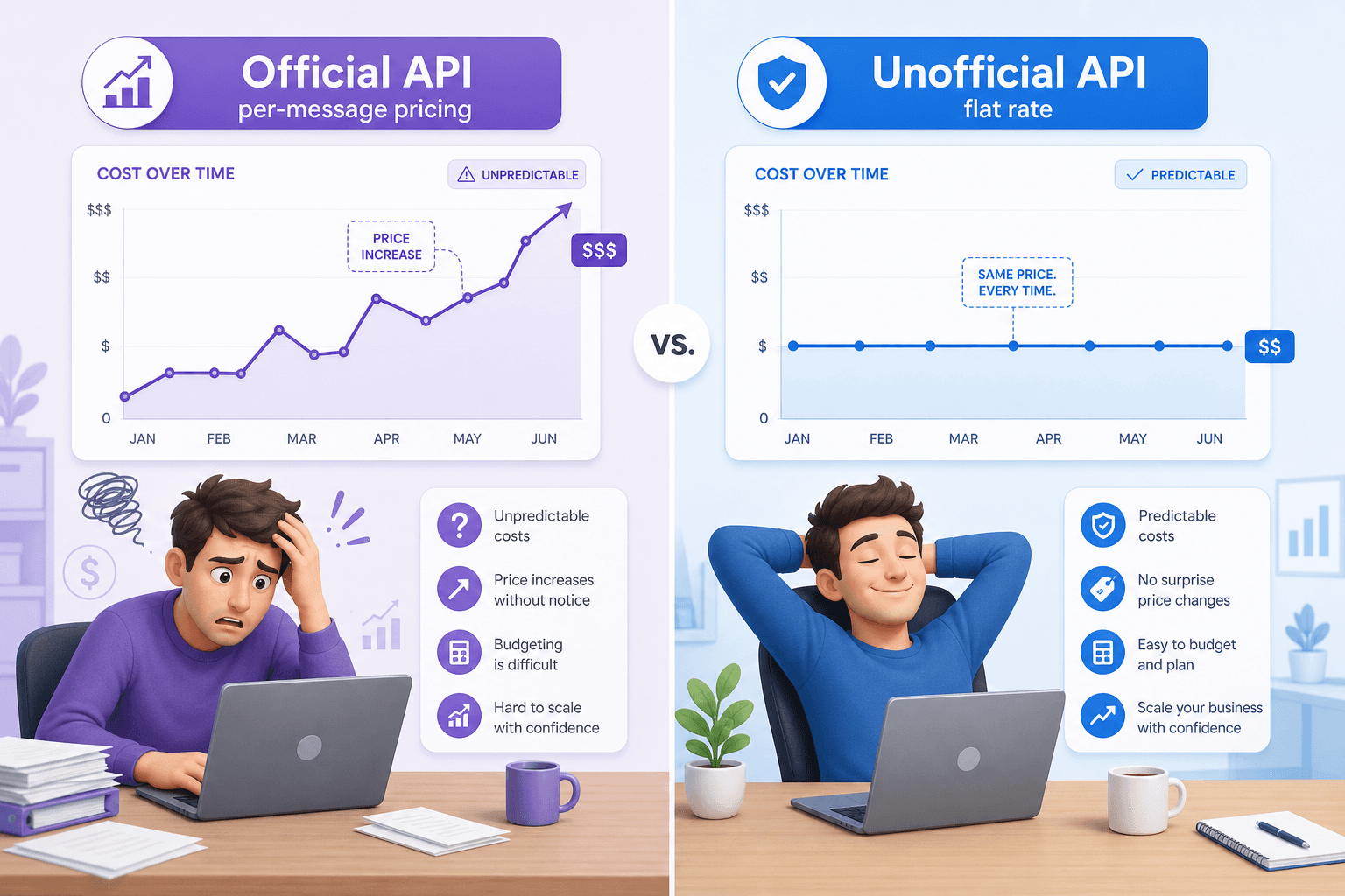 WhatsApp API comparison for small business showing official vs unofficial pricing models