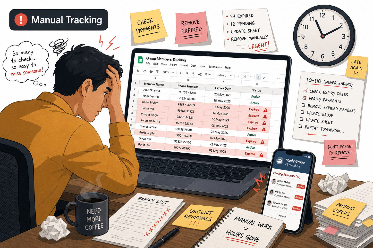 Fitness coach staring at Google Sheets spreadsheet tracking expired WhatsApp group members manually