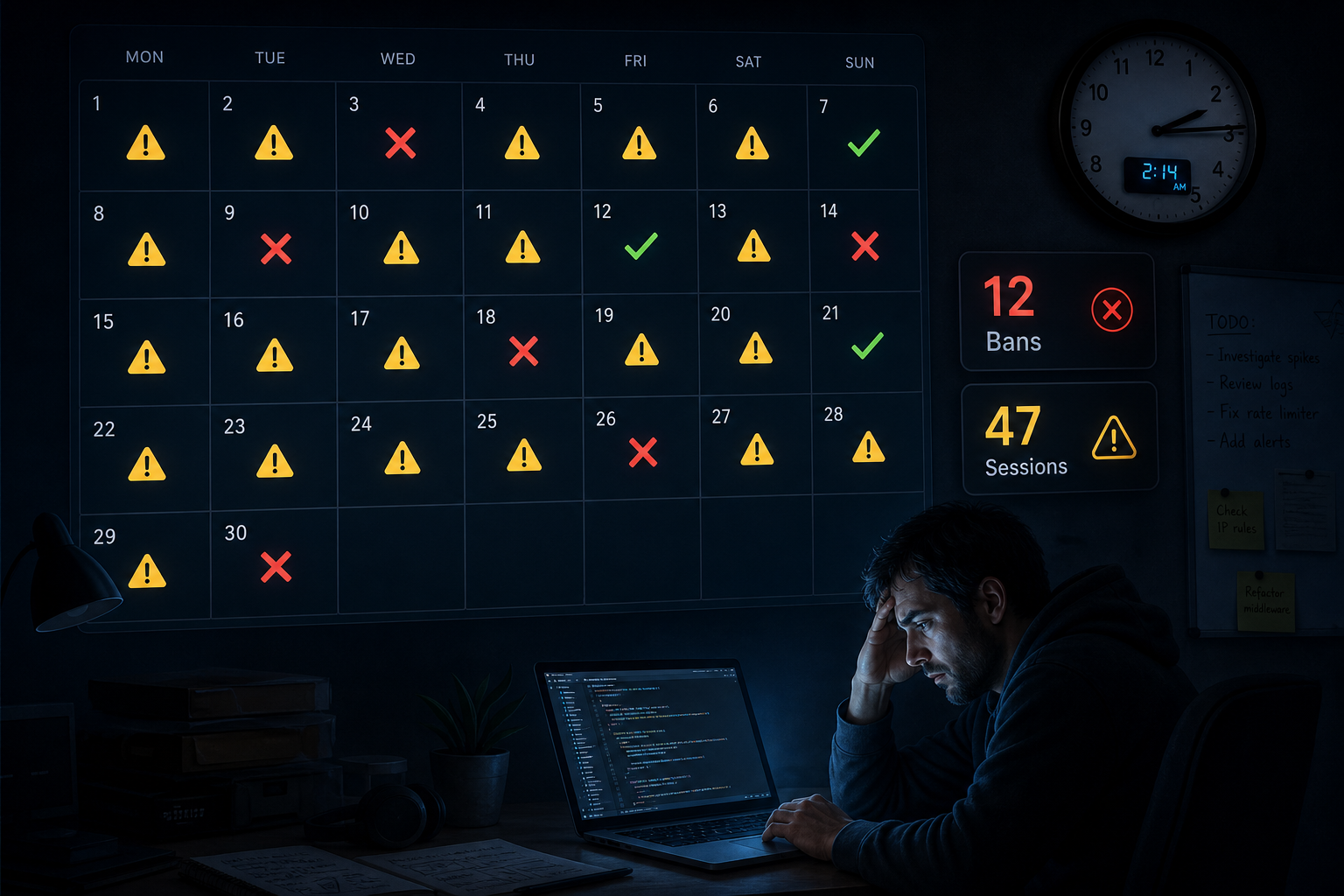 30-day calendar showing WhatsApp account bans and browser-use session failures across the month