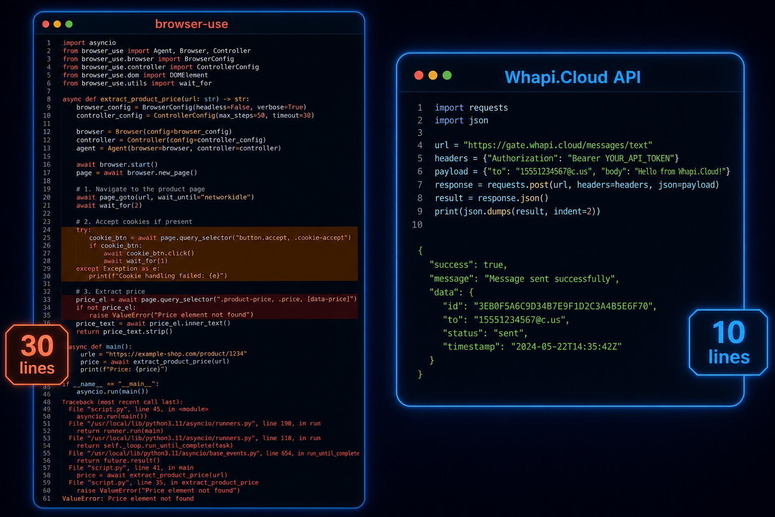 Code comparison: browser-use WhatsApp 30-line script vs Whapi.Cloud 10-line API call