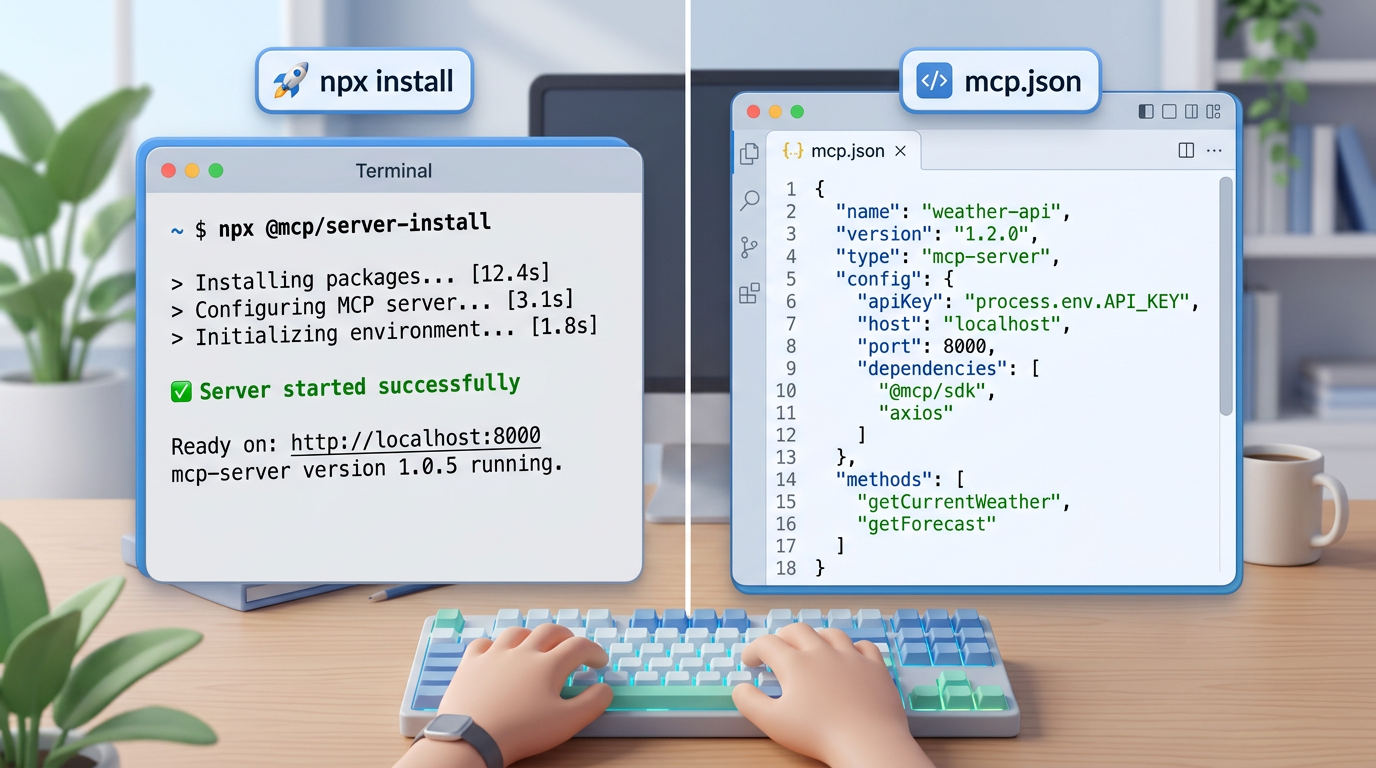 Terminal showing npx whapi-mcp install command and mcp.json configuration file open in Cursor IDE