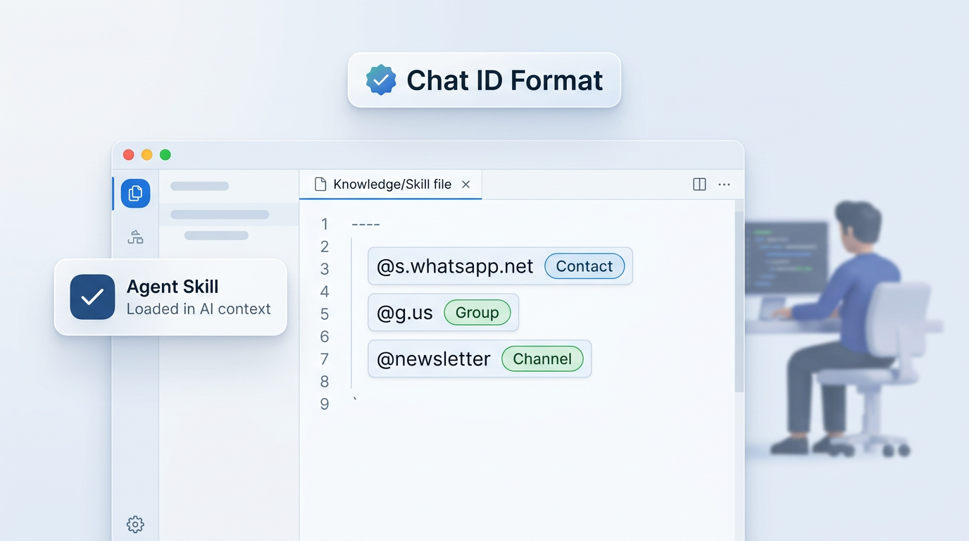 Whapi Agent Skill installed in Cursor IDE showing WhatsApp Chat ID format rules loaded into AI agent context