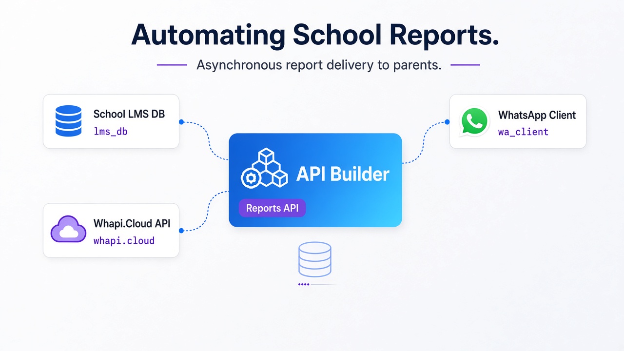 Technical diagram showing a school LMS database connecting to Celery, Redis, and Whapi.Cloud API to dispatch automated multi-format student and staff reports to parent WhatsApp devices