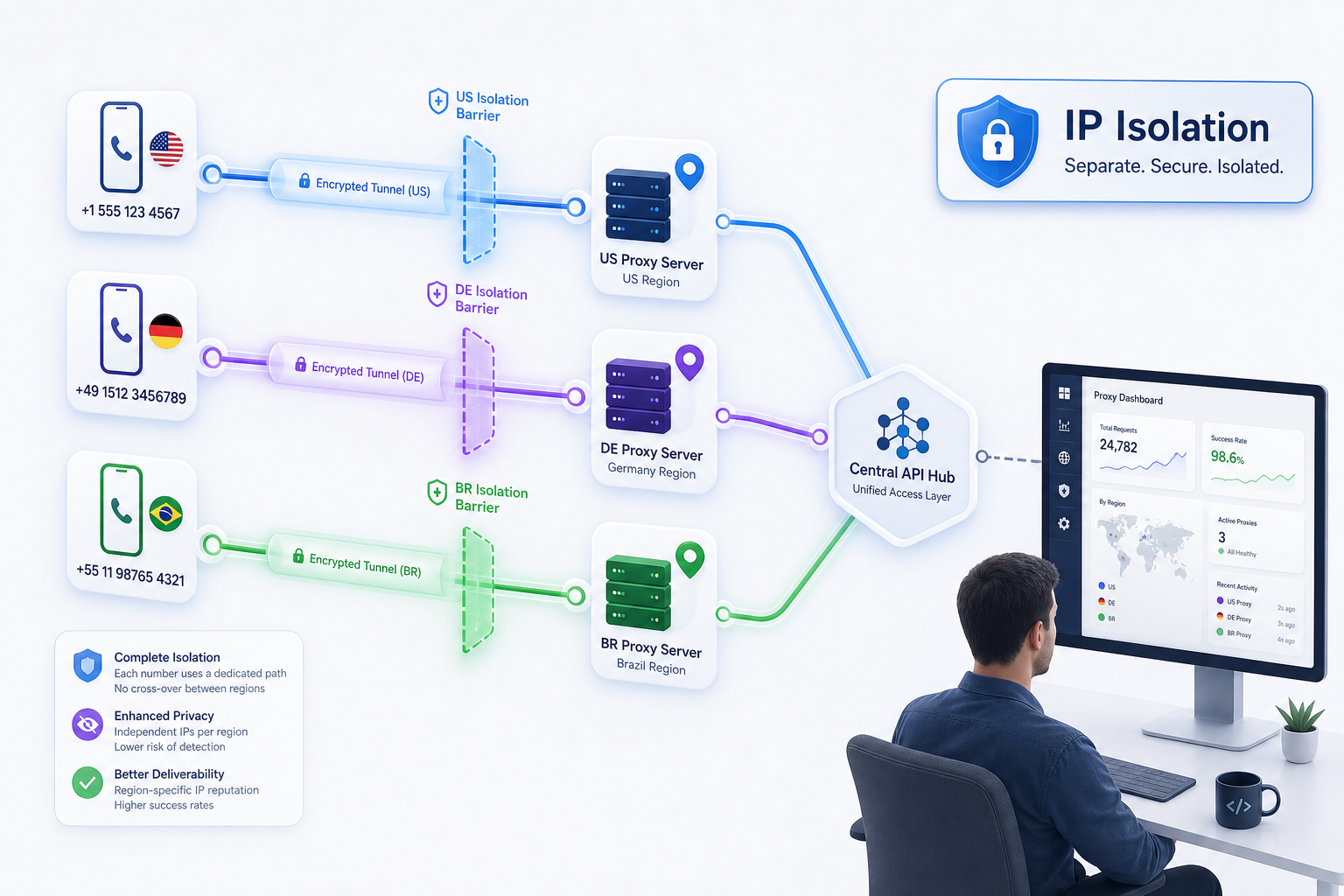 WhatsApp API infrastructure — geo-local proxy servers and individual IP isolation per number