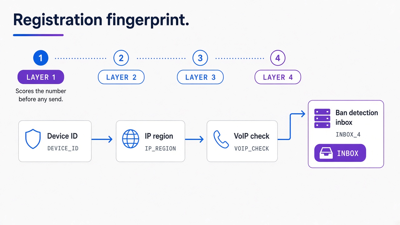 WhatsApp Layer 1 registration fingerprinting - IP region mismatch, device signals, VoIP detection