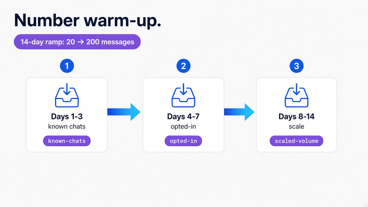 WhatsApp number warm-up schedule - 14-day ramp from 20 to 200 messages per day