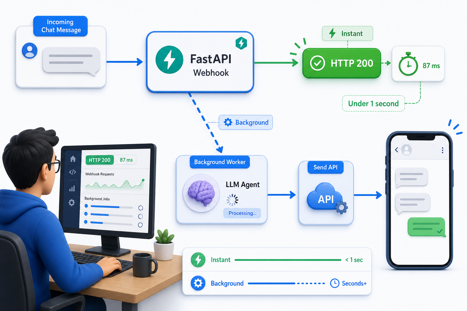 Fast HTTP 200 acknowledgement with background agent processing for a WhatsApp webhook