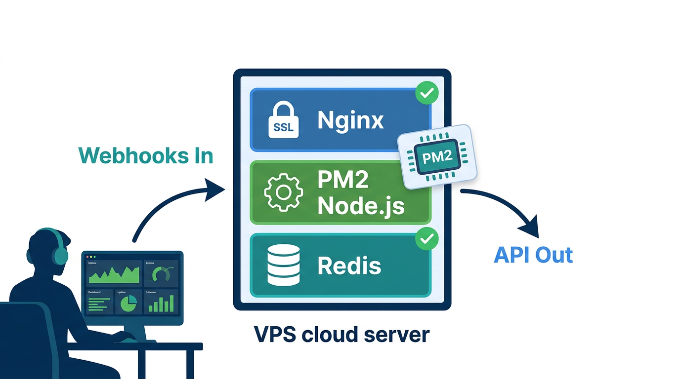 Production deployment stack for WhatsApp AI chatbot: VPS with PM2 process manager, Nginx HTTPS reverse proxy, and Redis session store