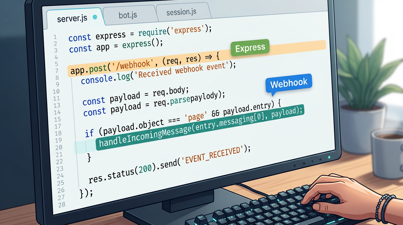 Node.js Express webhook server code receiving WhatsApp messages and routing them through GPT-4o for AI responses