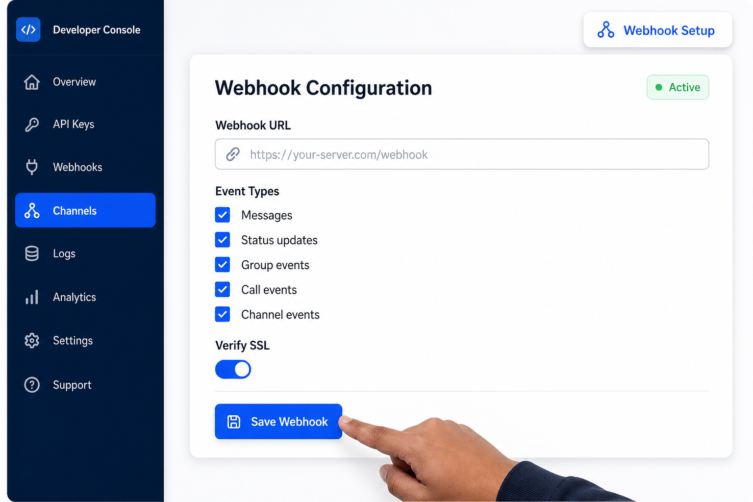 Whapi.Cloud channel settings showing webhook URL configuration and event type selection checkboxes