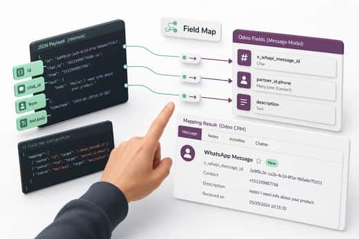 Tabela de mapeamento de campos do objeto message JSON do webhook Whapi para colunas crm.lead e res.partner do Odoo