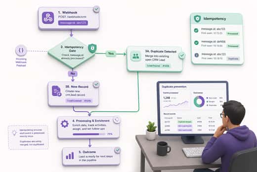 Fluxograma de gate de idempotência que evita leads CRM duplicados por retries de webhook Whapi