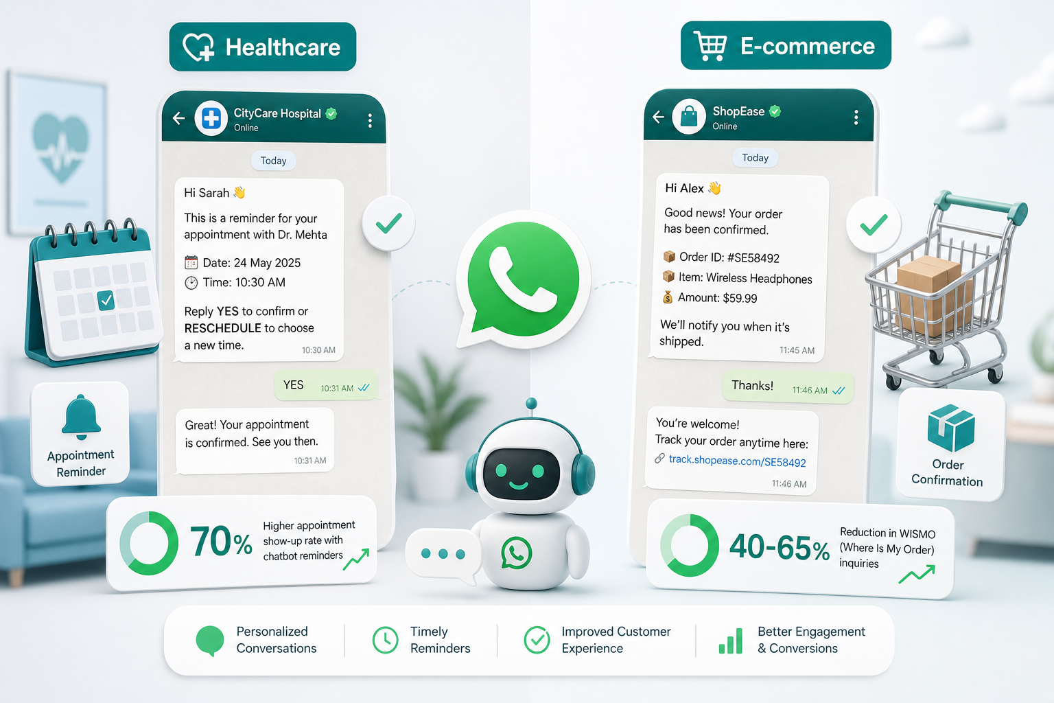 Визуализация влияния чатботов в здравоохранении и e-commerce, показывающая статистику автоматизации