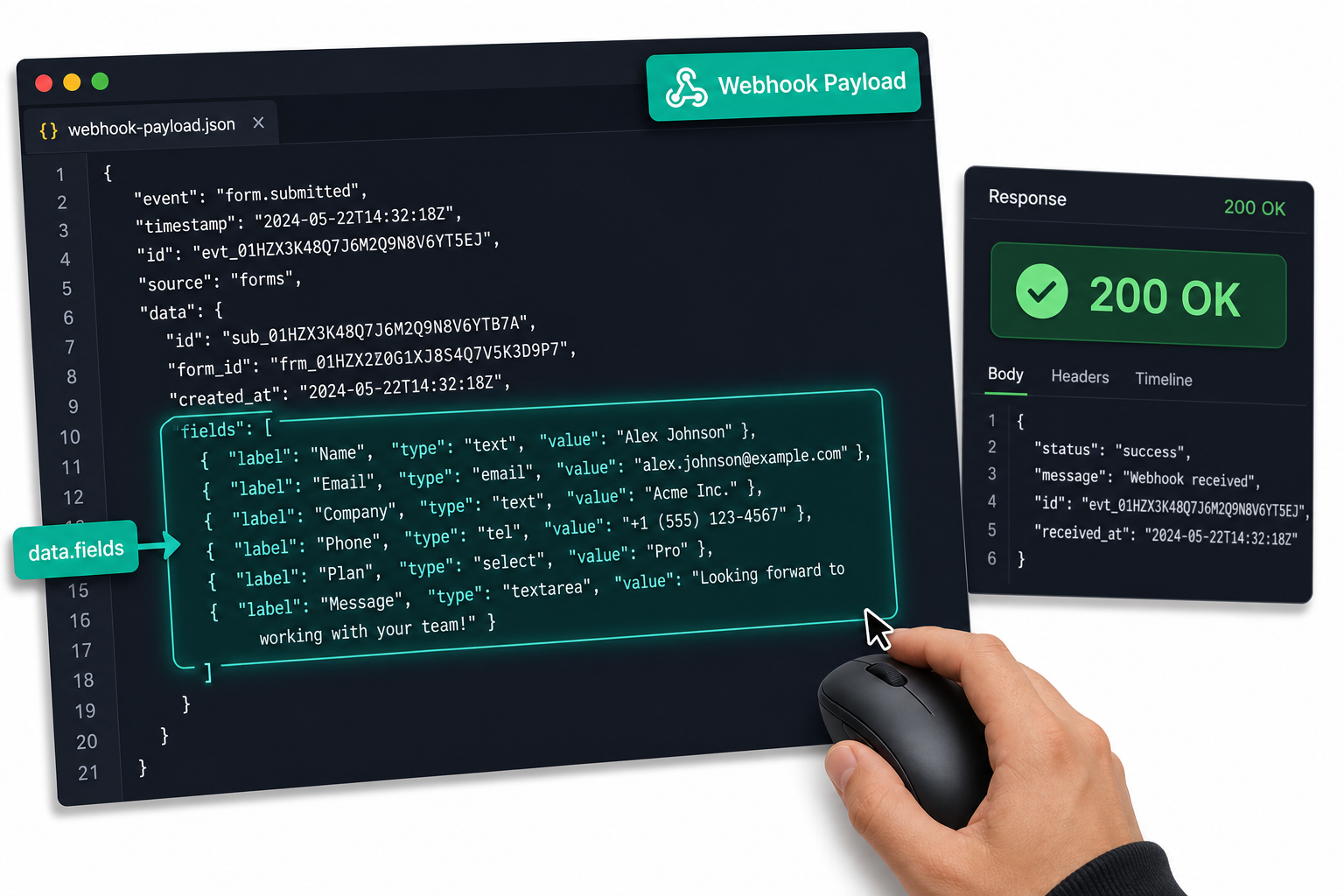 Tally webhook JSON payload structure showing the data.fields array with form field keys, labels, types and values