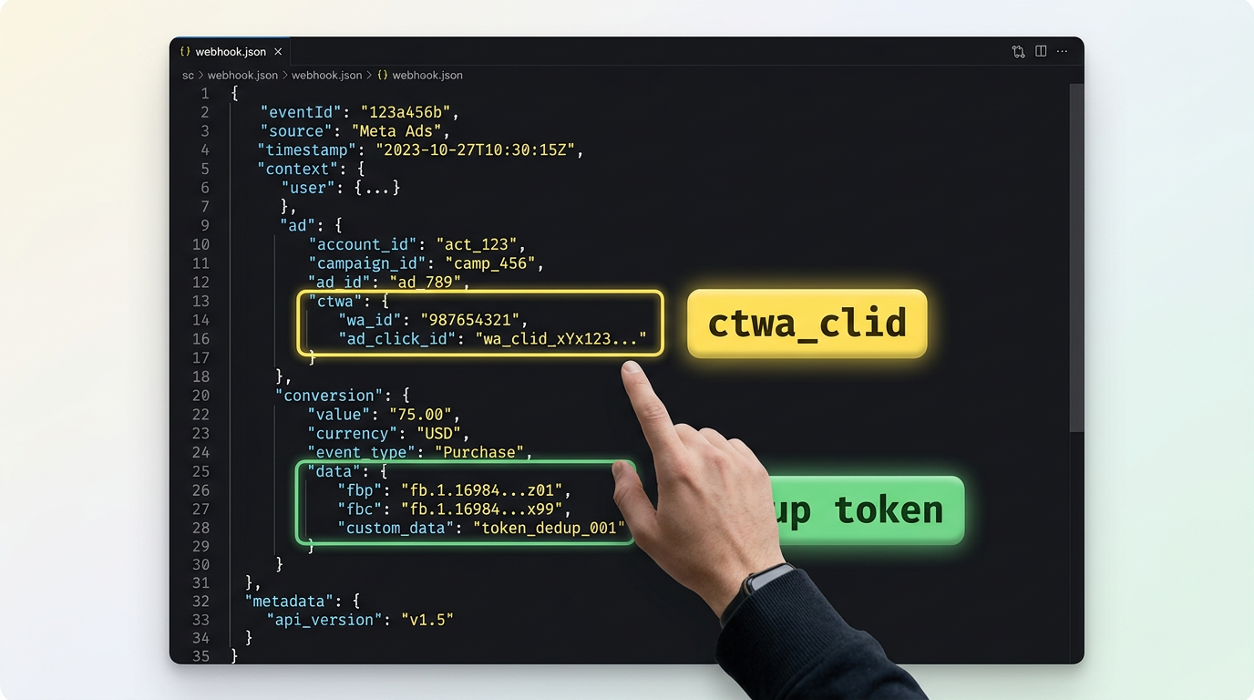 context.ad.ctwa ve context.conversion.data alanları işaretlenmiş Whapi.Cloud webhook JSON'u