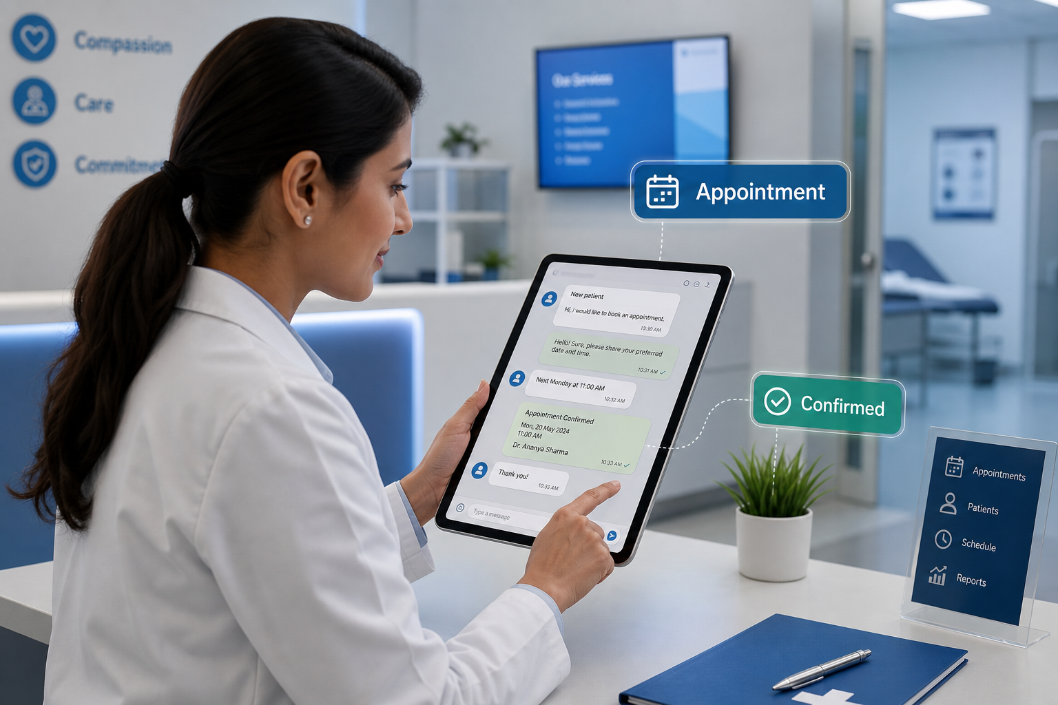 Healthcare professional using a tablet to manage patient appointments via WhatsApp