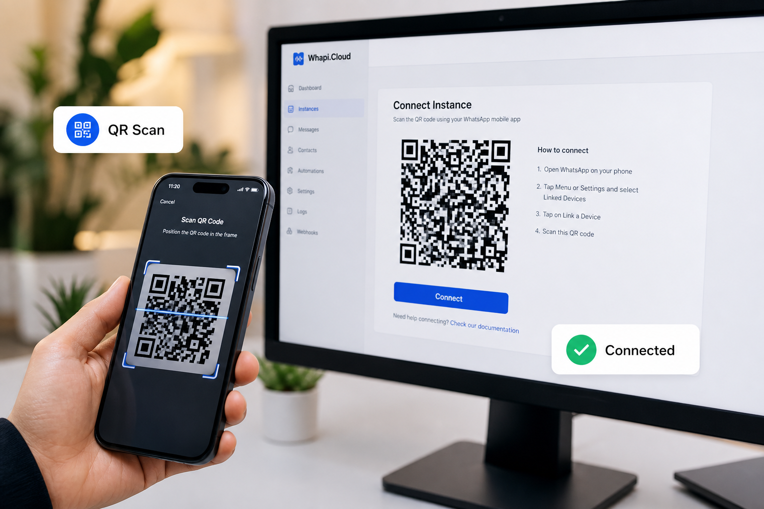 Developer scanning a QR code to connect a WhatsApp account to Whapi.Cloud