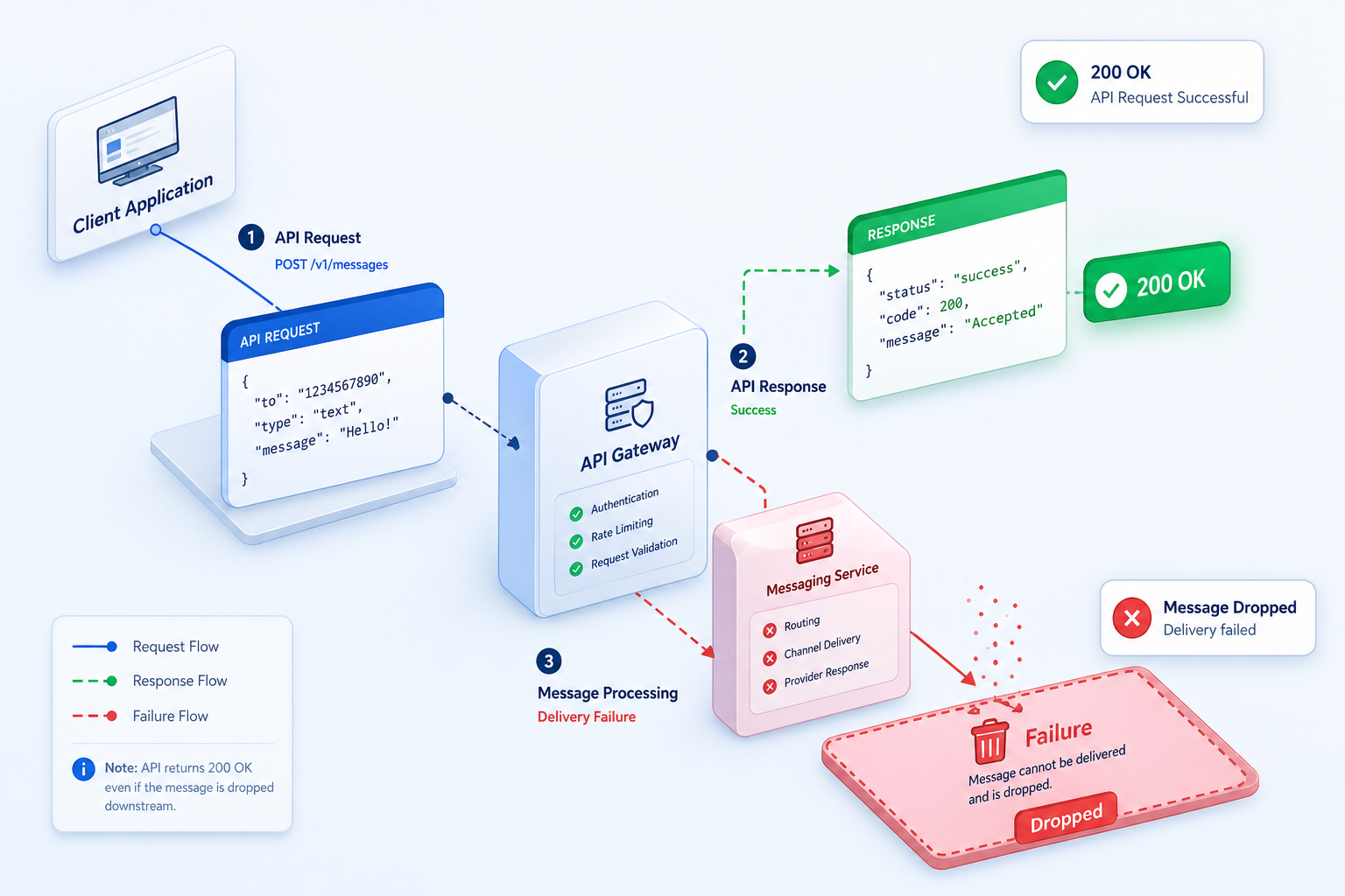 Technical diagram showing a silent message drop in a self-hosted API