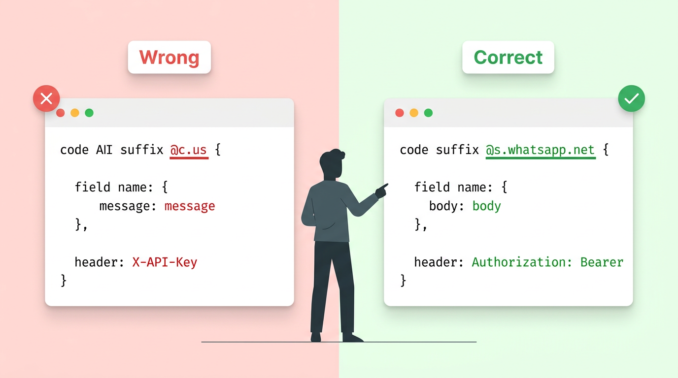Split comparison of wrong AI-generated WhatsApp code vs correct Whapi.Cloud patterns