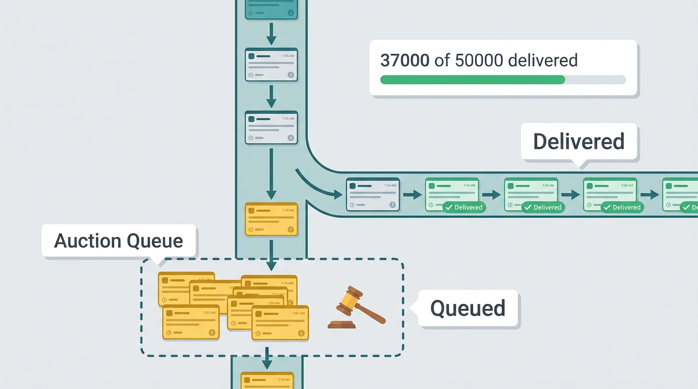 Illustration of WhatsApp promotional message auction queue showing paid messages with uncertain delivery status