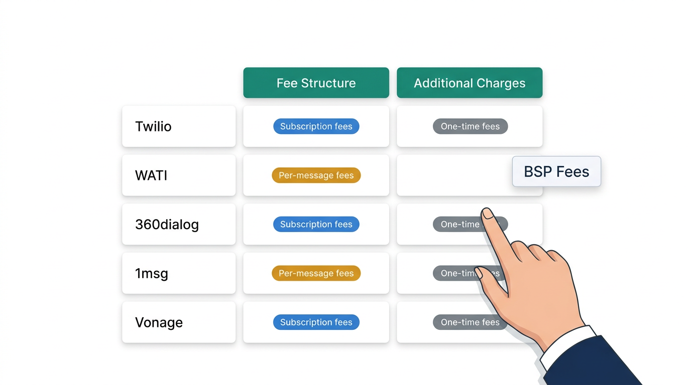 Comparison table of WhatsApp BSP providers showing fee structures for Twilio, WATI, 360dialog, 1msg, and Vonage