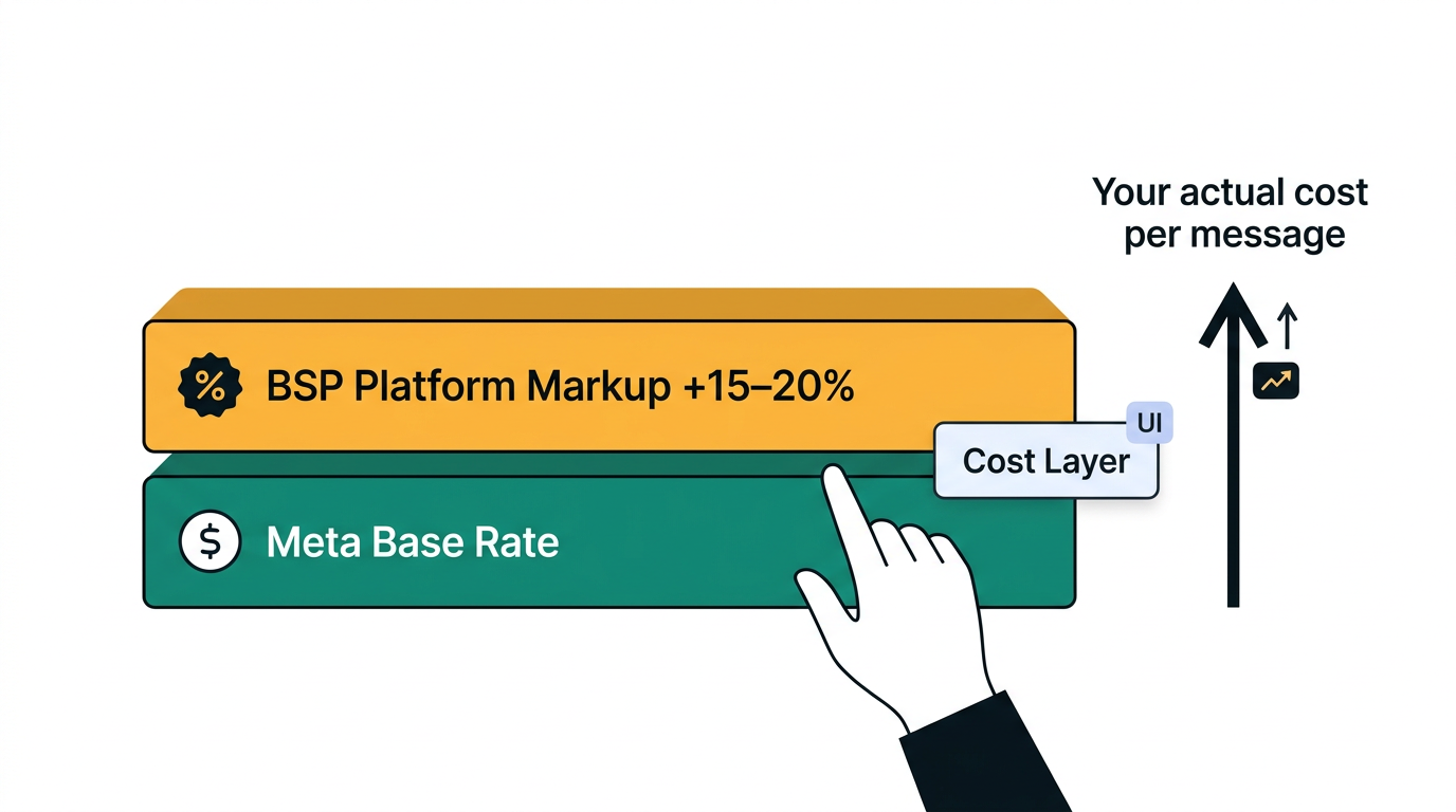 Diagram showing BSP markup layer stacked on top of Meta WhatsApp base pricing per message