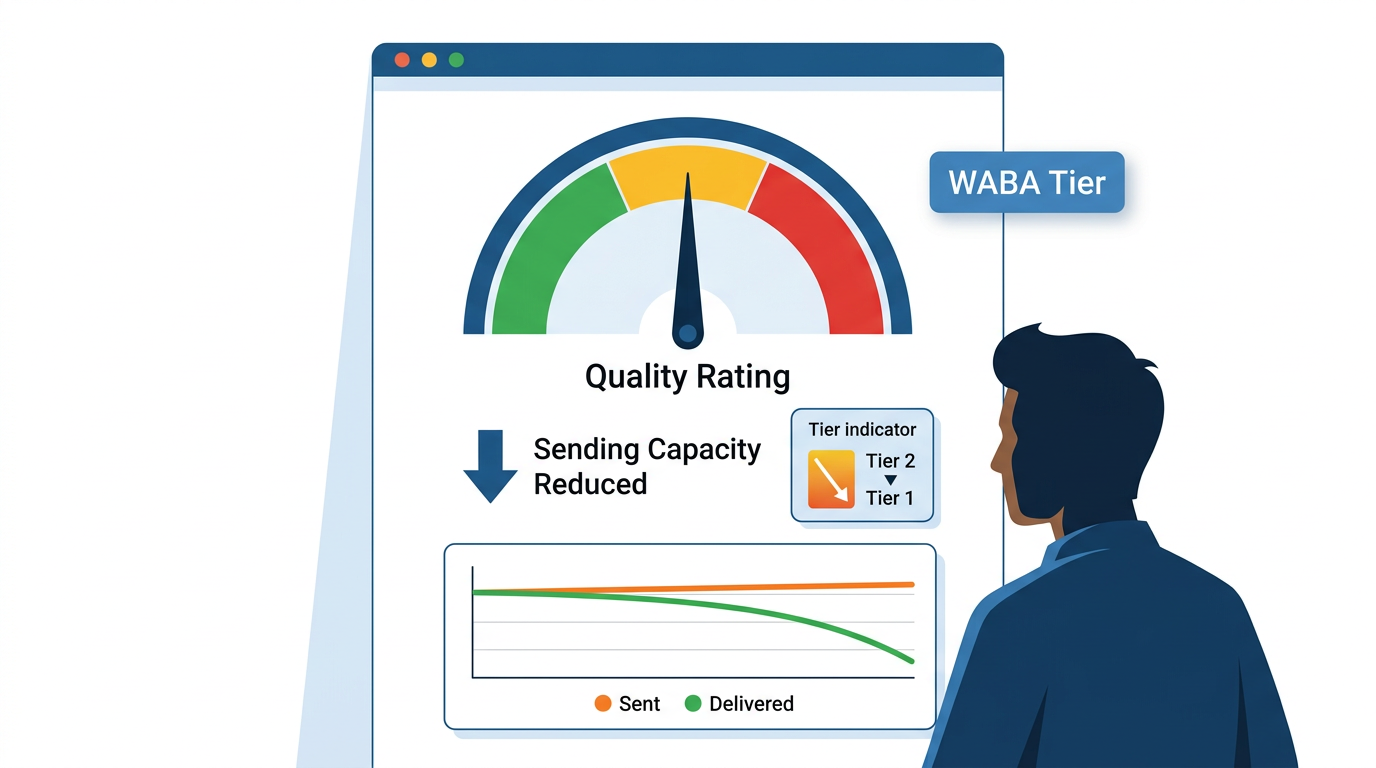 WhatsApp Business quality rating gauge in amber zone showing reduced sending capacity for WABA phone number