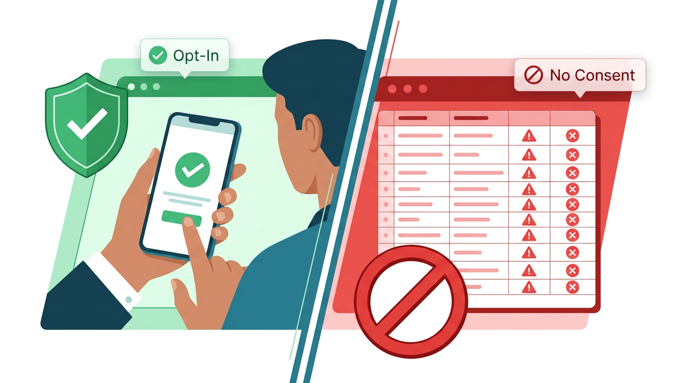 Verified WhatsApp opt-in consent versus bulk contact list showing account ban risk difference